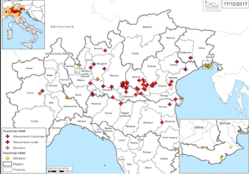 La mappa con la diffusione dei casi di influenza aviaria da inizio 2017 nel Nord Italia