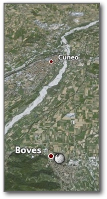 vista satellitare di Cuneo e Boves - zona di sperimentazione in frutticoltura del CRESO