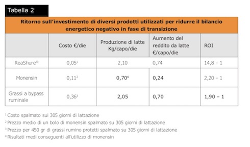 Tabella: Ritorno sull'investimento di diversi prodotti utilizzati per ridurre il bilancio energetico negativo in fase di transizione