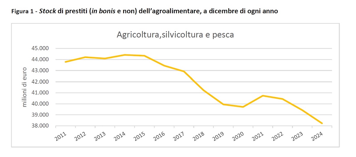 Stock di prestiti (in bonis e non) dell'agroalimentare, a dicembre di ogni anno