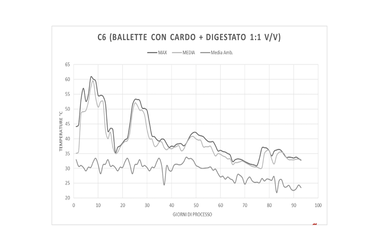 Figura 7 - Andamento della temperatura massima e media a confronto con quella ambientale durante il compostaggio del cumulo con balle esauste da funghicoltura e digestato