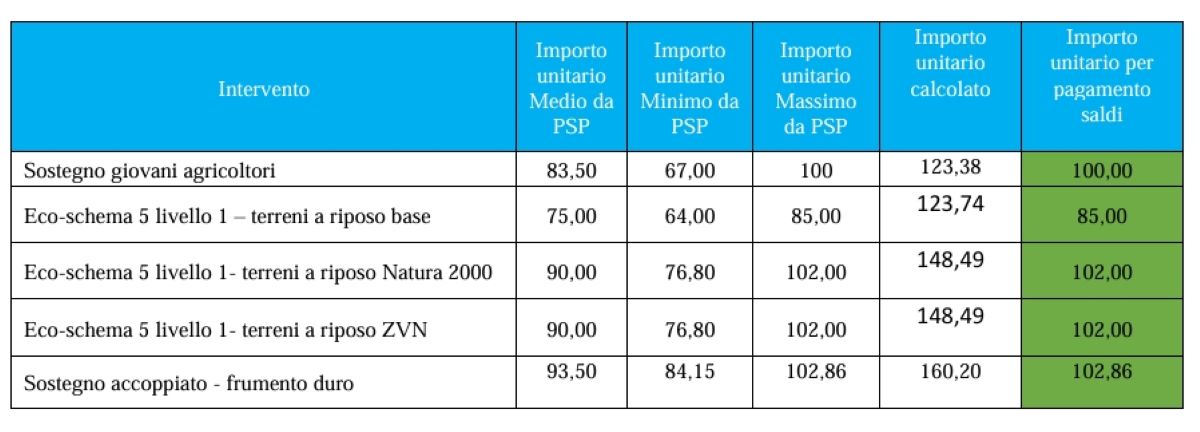 Importi unitari per i pagamenti dei saldi sul primo pilastro Pac resi uguali a quanto previsto dal Psp