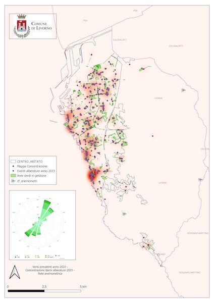 Mappa di distribuzione dei danni sulle alberature pubbliche anno 2023 e direttrici dei venti prevalenti