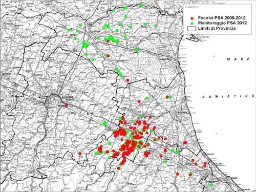 Dati relativi al monitoraggio sulla Psa in Emilia-Romagna per il periodo 2009-2012 (Fonte Servizio Fitosanitario dell'Emilia-Romagna)