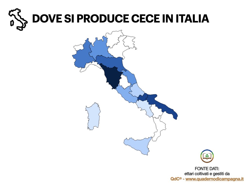 Dove si produce cece in Italia - Elaborazione statistica basata su dati di QdC® - Quaderno di Campagna®, che gestisce in Italia circa 683 ettari di cece