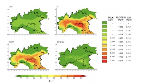 Andamento del Thi e relativo rischio di perdite di latte registrate nell’area di produzione del Grana Padano (in grassetto) nel periodo 1970-2000