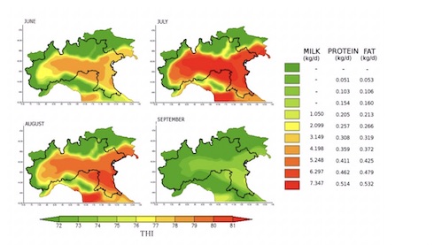 Andamento del Thi e relativo rischio di perdite di latte registrate nell'area di produzione del Grana Padano (in grassetto) nel periodo 2021-2050