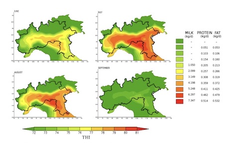Andamento del Thi e relativo rischio di perdite di latte registrate nell’area di produzione del Grana Padano (in grassetto) nel periodo 2001-2010