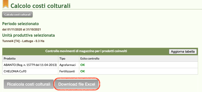 QdC® esporta in formato Excel il risultato del calcolo dei costi colturali 