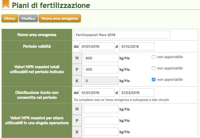 Schermata del Software QdC - Quaderno di Campagna relativo ai piani di fertilizzazione e ai periodi di non applicazione di Azoto