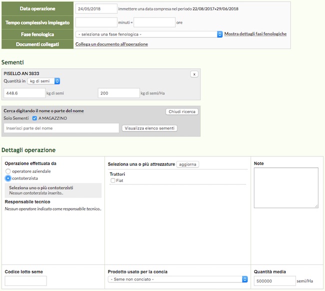 Schermata del software con interfaccia per registrare una nuova operazione di semina su QdC - Quaderno di Campagna