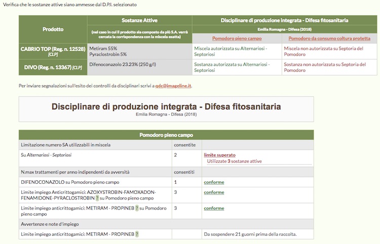 Schermata del Software online QdC - Quaderno di Campagna, relativo al controllo sulle sostanze attive utilizzate in miscela
