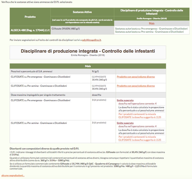 Schermata del software che riporta l'esito del controllo da disciplinare sulle quantità di prodotto commerciale utilizzabile per singolo trattamento