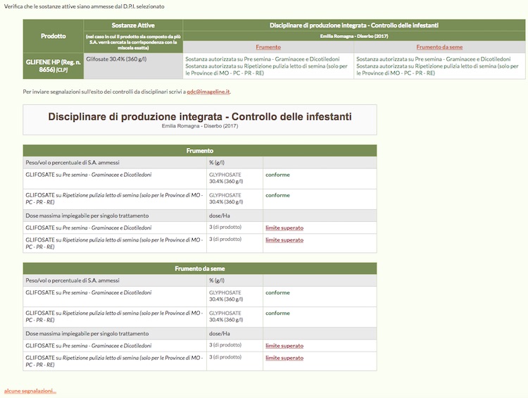 Schermata del software online relativa al controllo del quantitativo massimo di prodotto commerciale ammesso nel singolo trattamento dai Disciplinari di Produzione Integrata