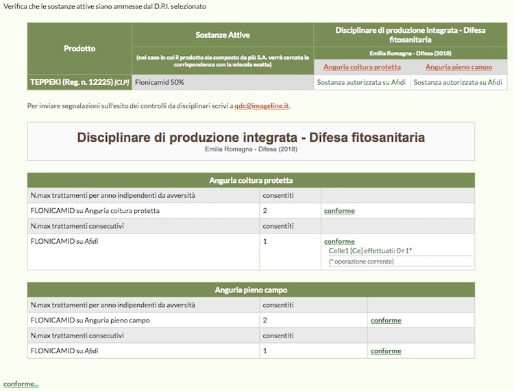 Schermata del Software online QdC - Quaderno di Campagna relativa al controllo sui trattamenti fitosanitari consecutivi