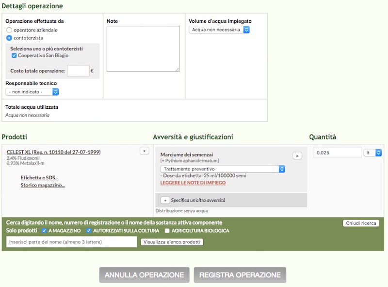 Schermata del software online per l'inserimento dei dati relativi alla Concia delle Sementi 