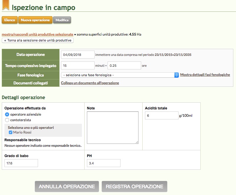 Schermata del software online QdC - Quaderno di Campagna relativa alla registrazione dei dati di una ispezione in campo di vite per uva da vino