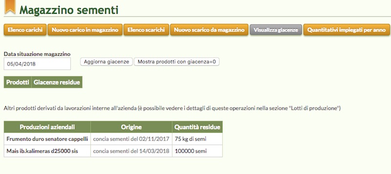 Schermata del software online relativa al magazzino delle sementi
