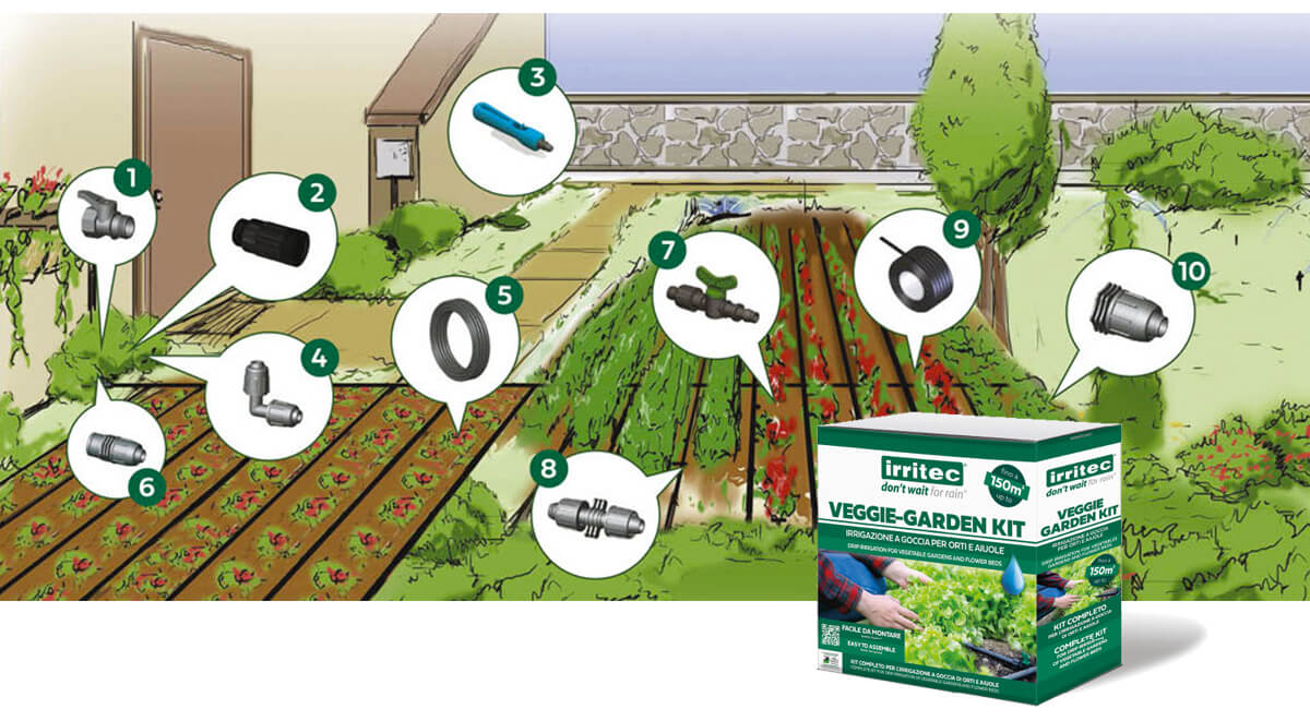 Il Veggie Garden kit di Irritec è studiato per l'irrigazione a goccia di piccoli appezzamenti di colture orticole