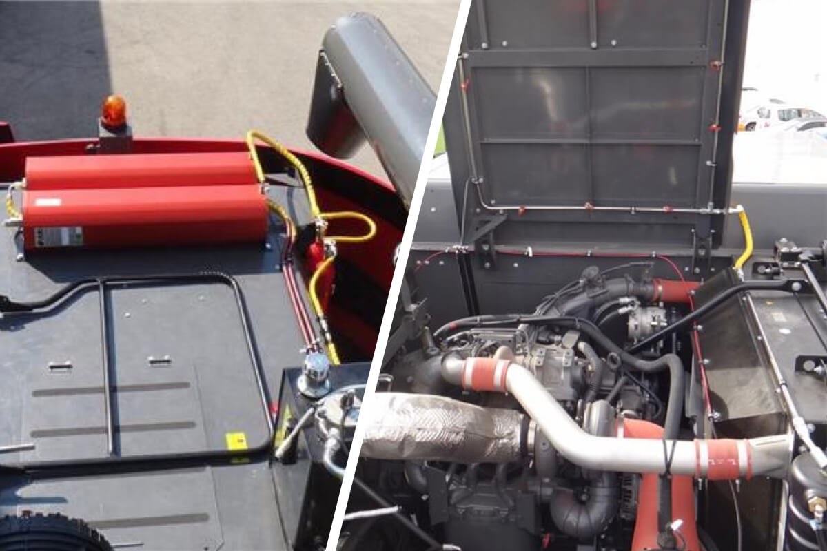 Da sinistra, serbatoi della polvere estinguente e sistema per la distribuzione della polvere estinguente sul cofano motore di una mietitrebbia Massey Ferguson