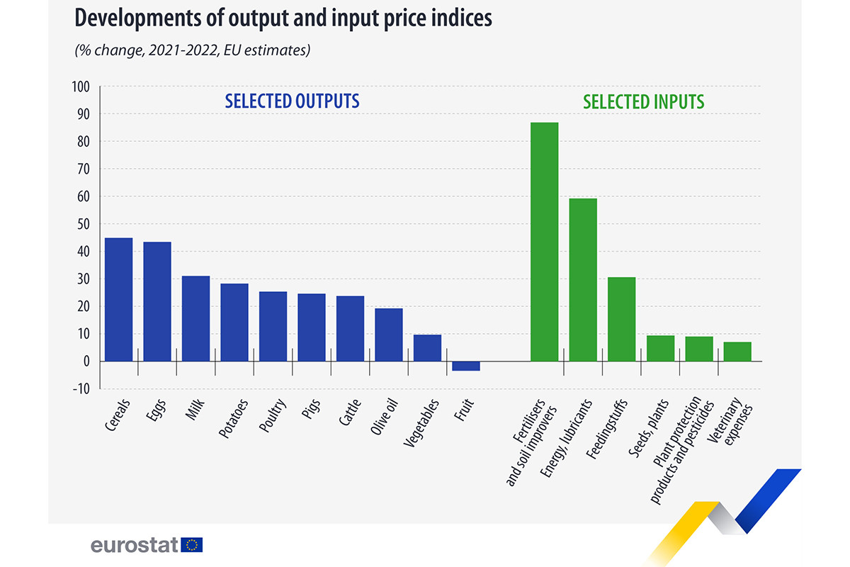 Variazione percentuale in Europa dei prezzi di input e output agricoli tra il 2021 e il 2022