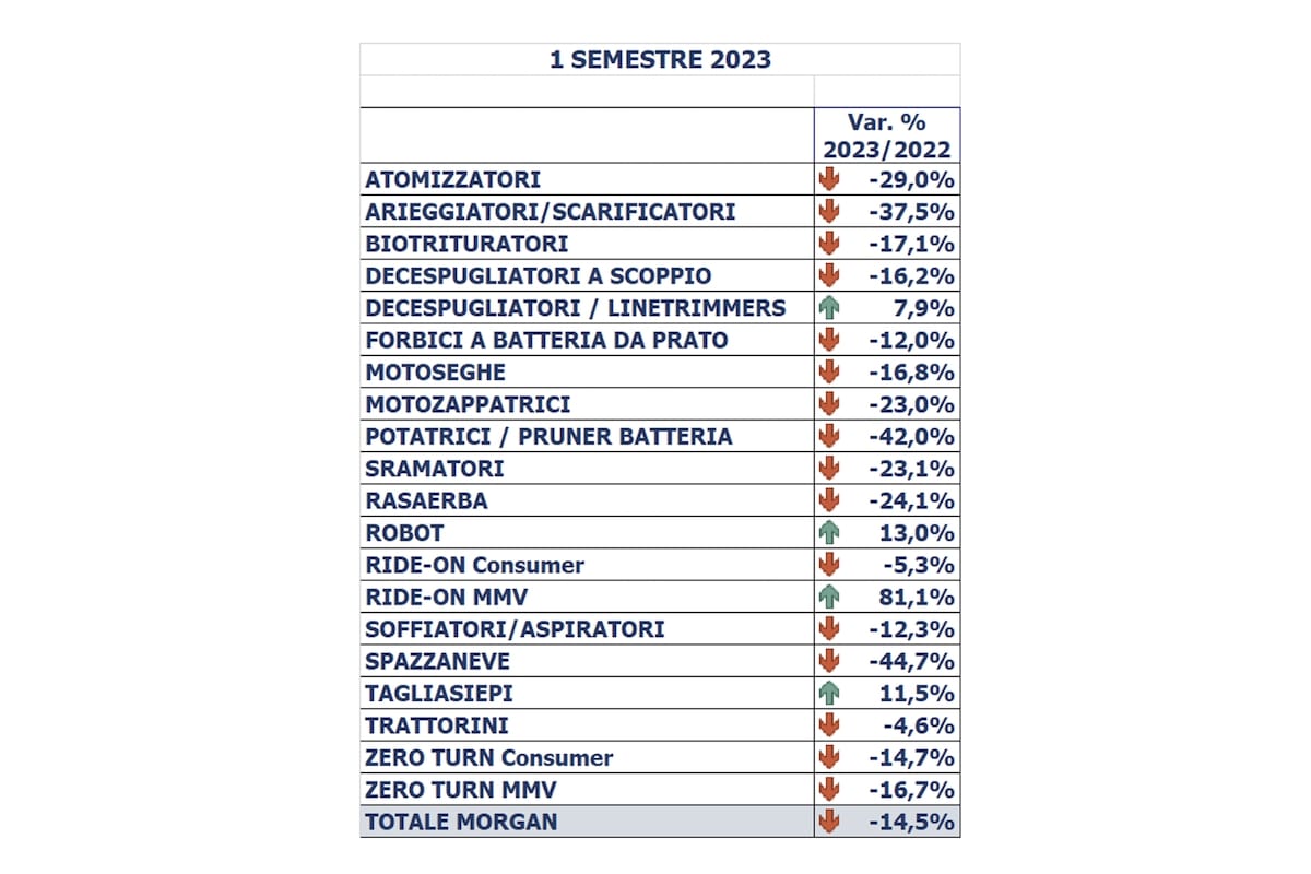 Variazioni di vendita (in percentuale) delle macchine per la cura del verde tra primo semestre 2023 e primo semestre 2022
